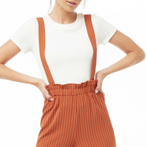 Rust Pinstriped Suspender Wide Leg Paperbag Pants - Picture 4 of 7